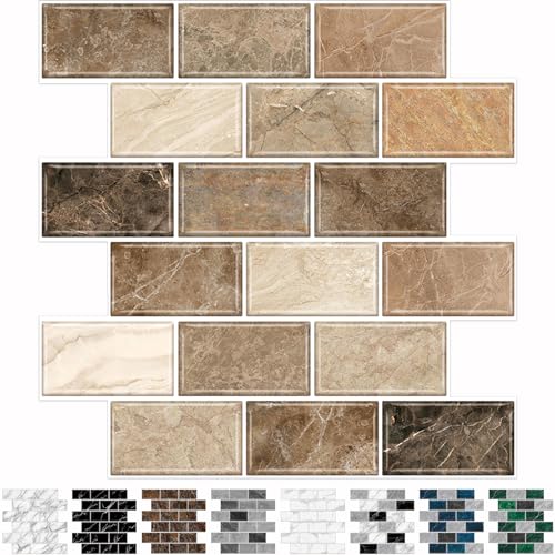 URCOLOR 10-Sheet Stick on Backsplash for Kitchen,12'x12' Peel and Stick Self Adhesive Wall Tiles Back Splashes for Bathroom Brown Marble Look