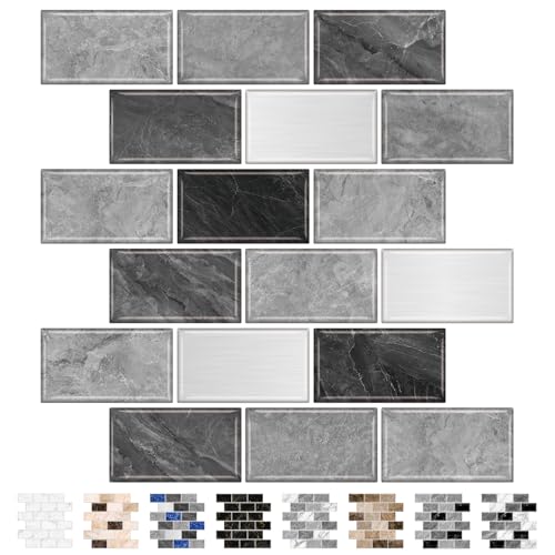 URCOLOR 10-Sheet Subway Tile Peel and Stick Backsplash for Kitchen,12'x12' Self Adhesive Wall Tiles Sticker on Back Splashes for Bathroom Gray Marble Design