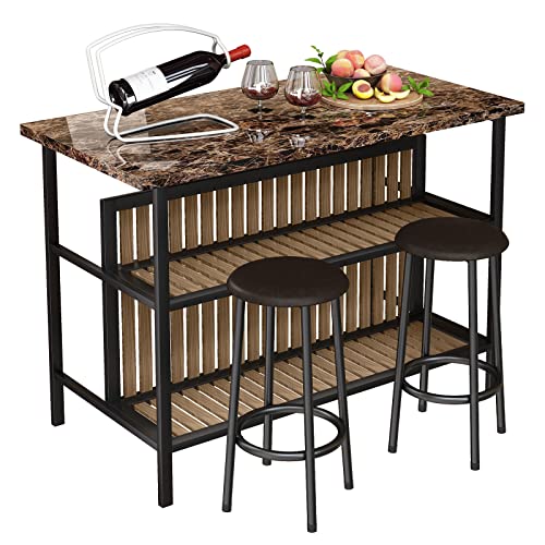 AWQM 3 Piece Bar Table Set with Storage, Kitchen Island with Seating Wooden Counter Height Table and Chairs Set, Brown