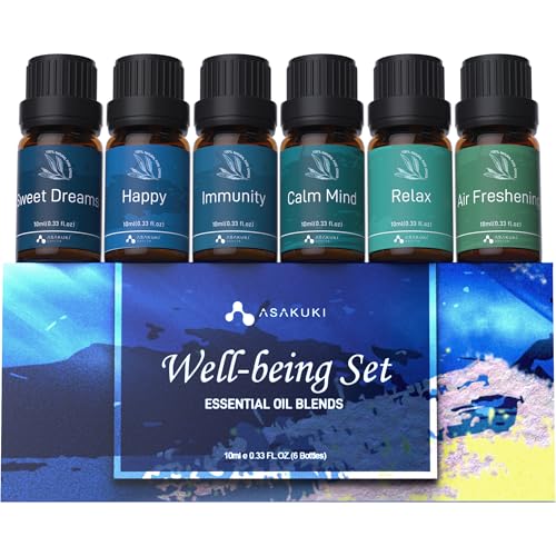 ASAKUKI Essential Oil Blends, Essential Oils for Diffusers for Home, Well-Being Kit- Calm Mind, Sweet Dreams, Happy, Relax, Air Freshening, Immunity for Aromatherapy, Humidifiers, Massage, 6x10ml