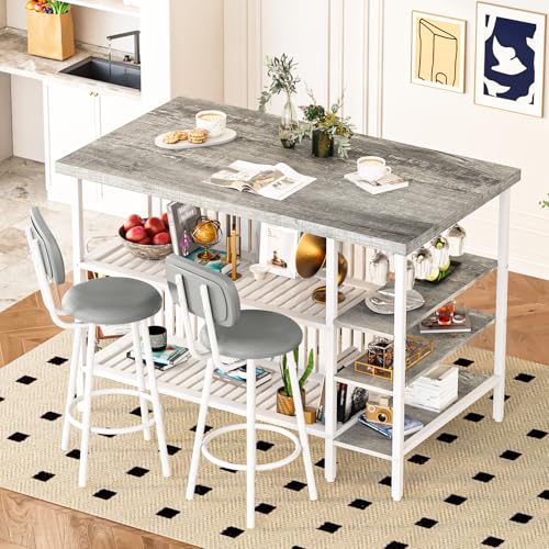 Recaceik Kitchen Island with Storage Small Dining Table for 2, Bistro Table and Chairs Set of 2 W/ 5 Shelves with PU Stools (Grey)