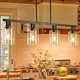 4-Light Kitchen Island Lighting, Black Island Lights for Kitchen, Farmhouse Linear Pendant Lights Kitchen Island with Glass Shade, Chandeliers for Dining Room Over Table Sink Bar, Height Adjustable