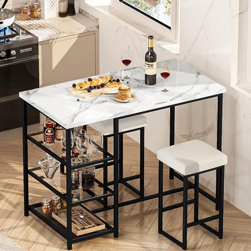 AWQM Dining Table Set for 2, Kitchen Island with Seating Bar Table Set with Storage, Faux Marble Kitchen Table and Chairs Set with 2 Stools for Small Space, Dining Room, Kitchen, Black+White