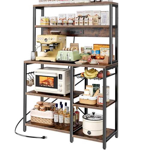 SUPERJARE Bakers Rack with Power Outlet, 35.4 Inches Coffee Bar with Wire Basket, Kitchen Microwave Stand with 6 S-Shaped Hooks, Open Storage Shelves, Rustic Brown