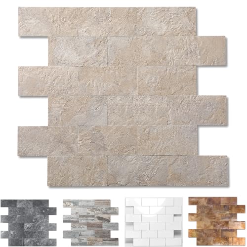 10-Pack Peel and Stick Tile Backsplash 12'X12' PVC Wall Tiles, Stick on Backsplash for Kitchen, Bathroom Tile, Fireplace Décor, Laundry Table, Stair Decals in Beige Stone Rock