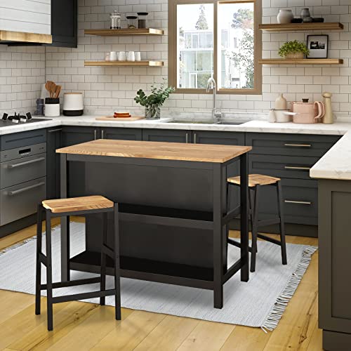 3-Piece Kitchen Island Set with 2 Seatings Butcher Block Dining Table Set Retro Breakfast Table Set Kitchen Bar Table Set with Two Open Shelves for Small Places (Black)