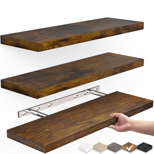 BAYKA Floating Wood Shelves - Wall Mounted for Bathroom,Bedroom,Living Room,Kitchen,Small Hanging Shelf for Books/Storage/Room Decor with 22lbs Capacity(Rustic Brown,Set of 3,15.7inch)