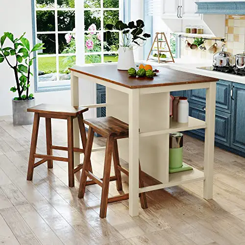 Polibi 3-Piece Kitchen Island Set with 2 Stools and 2 Shelves, Rustic Rubber Wood Dining Set Prep Table Set with Open Shelves for Small Places, Walnut+Cream White