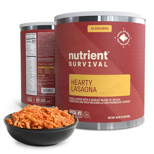 Nutrient Survival MRE Hearty Lasagna, Ready to Eat Meals (10 Servings) Freeze Dried Prepper Supplies & Emergency Food Supply, 40 Essential Nutritients, Shelf Stable Up to 25 Years, One Can