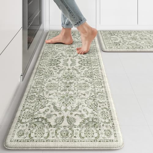 KIMODE Anti Fatigue Kitchen Mat Set, Non Slip Waterproof Kitchen Rug Set of 2, Boho Rugs for Kitchen, Ergonomic Standing Kitchen Sink Mats for Floor, 17.3'x47'+17.3'x29', Green