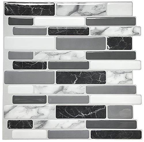 Art3d 10-Sheets Peel and Stick Kitchen Backsplash Tiles, 12'x12' Self-Adhesive Marble Grey Wall Tiles for Kitchen and Bathroom