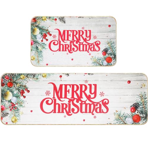 Erweicet 2 Pcs Christmas Kitchen Rug and Mat Christmas Kitchen Decor Christmas Anti Fatigue Kitchen Mat Christmas Decorations for Bathroom,Home,Indoor17 X 47'+17' X 29'