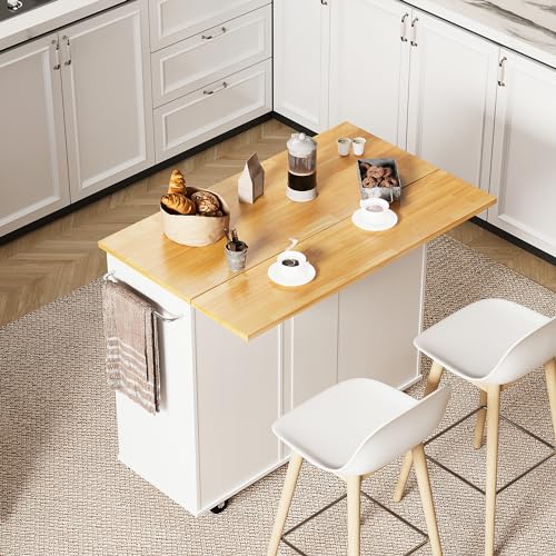 Shintenchi Rolling Kitchen Island Cart with Folding Drop Leaf Breakfast Bar, Portable Trolley Island with Large Storage Cabinet, Shelf and Drawer, White