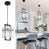 Black Crystal Pendant Light for Kitchen Island, Luxury Water Ripple Glass Chandelier Lights Fixture, Modern Elegant Adjustable Pendant Lighting for Dining Room Bedroom, E12 Bulb, L6.5'' x H11.8''