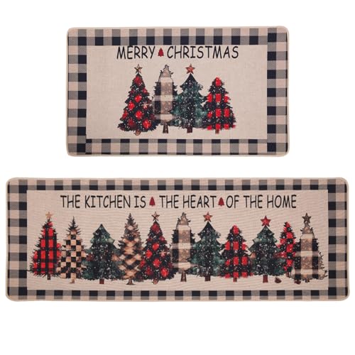 Kitchen Rugs Christmas Set of 2,Buffalo Plaid Xmas Tree Merry Christmas Kitchen Mat Farmhouse Christmas Decor Winter Kitchen Rug Mats Winter Rugs Indoor (Black/Beige,17'x29'+17'x47')