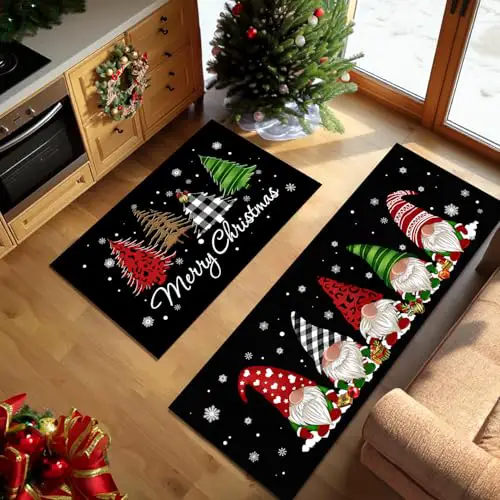 Christmas Kitchen Rugs Set of 2 - Buffalo Plaid Tree Gnomes Black Kitchen mat, Winter Holiday Party Low-Profile Floor Door Mat Merry Christmas Decorations for Home Kitchen