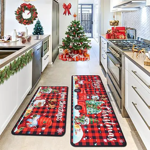 Christmas Kitchen Mats, Merry Christmas Kitchen Rugs Set of 2 - Red Black Buffalo Plaid Christmas Kitchen Decor - Gnome Truck Xmas Decorations for Floor,Bathroom,Living Room,Doorway 17'x30'+17'x47'