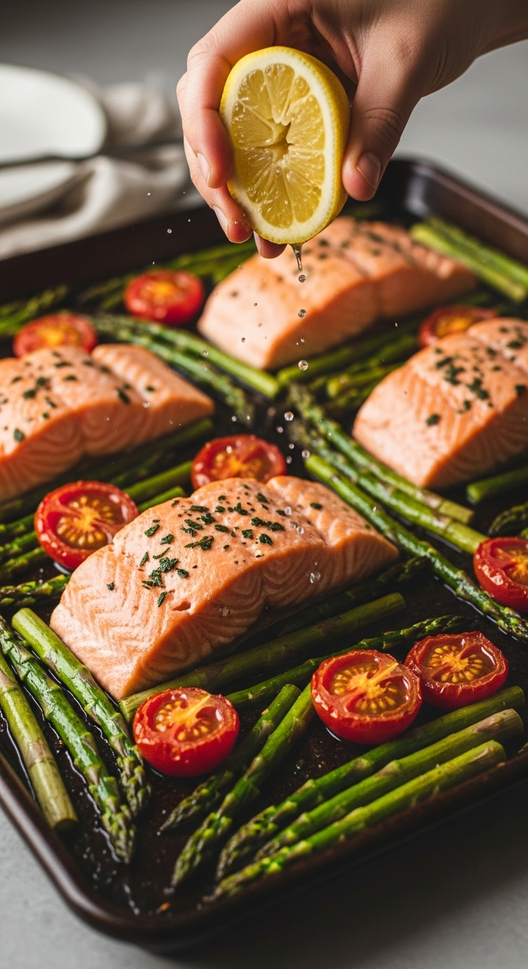 Sheet Pan Lemon Herb Salmon with asparagus, blistered tomatoes, and a hand squeezing lemon, captured in warm golden-hour lighting with a rustic feel.