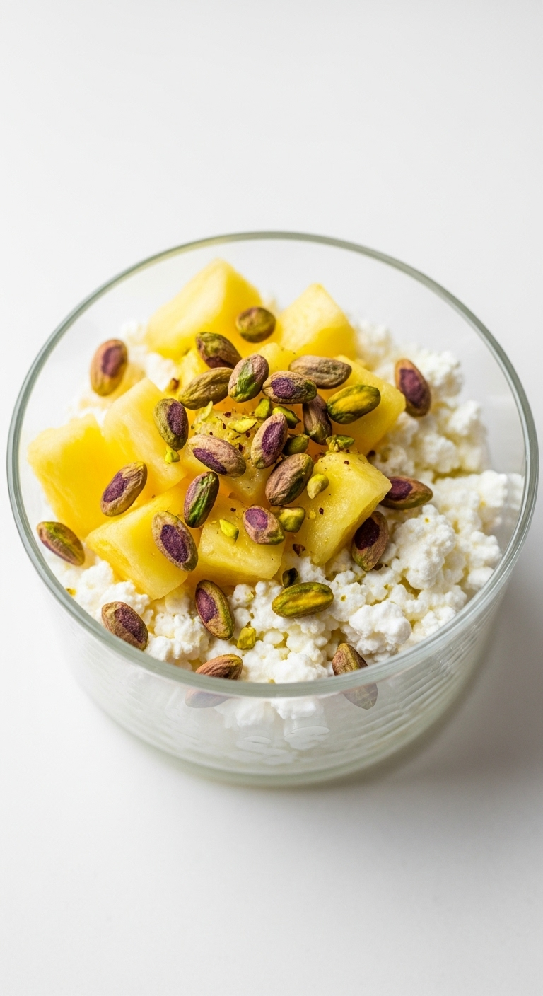 Cottage Cheese & Fruit Bowl with fresh pineapple chunks and pistachios, captured in a minimalist setting with clean, natural light.