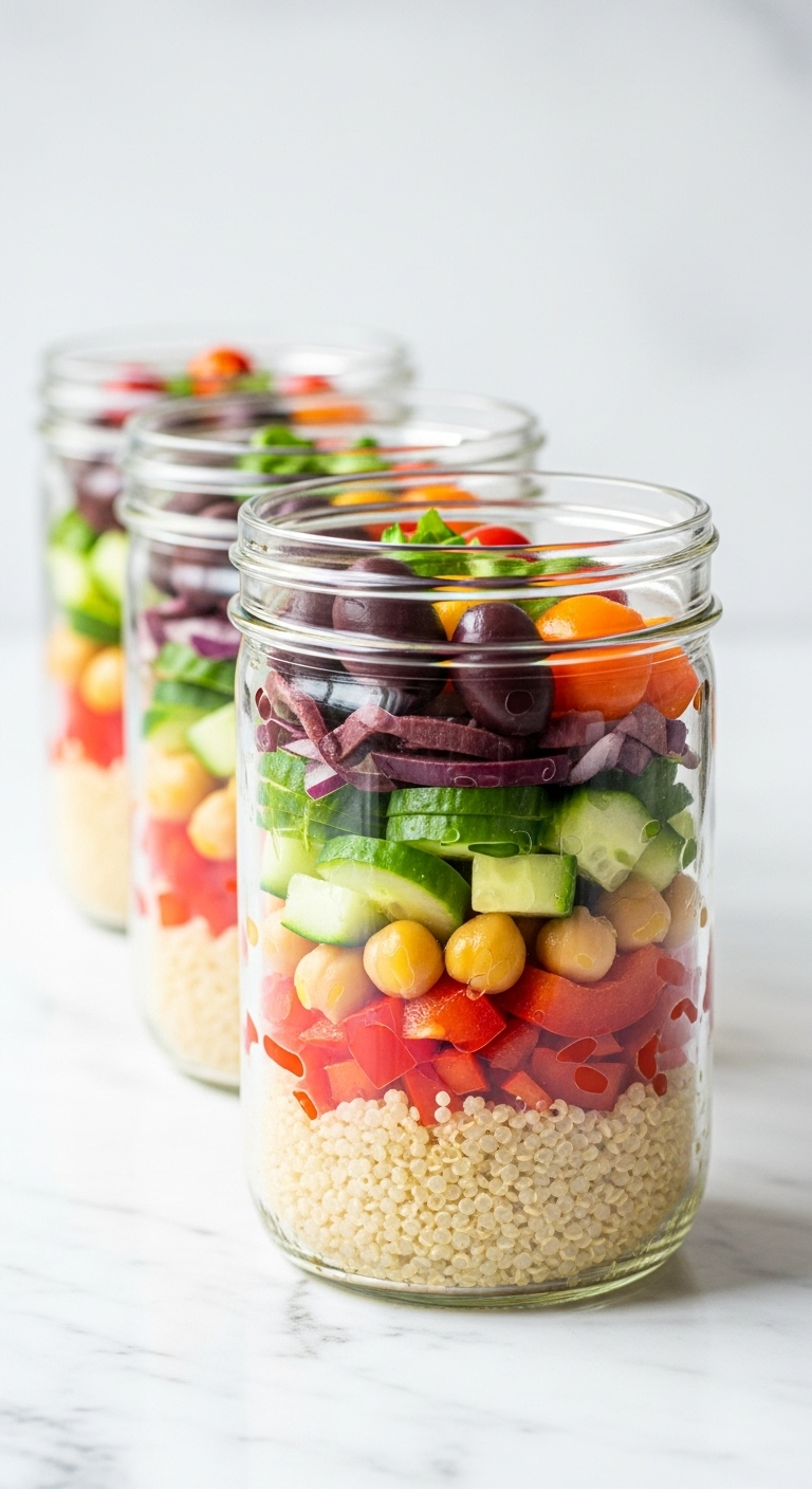 Mediterranean Quinoa Salad Jars with colorful layers of quinoa, cucumber, red pepper, olives, and chickpeas arranged neatly in glass mason jars on a white marble countertop.