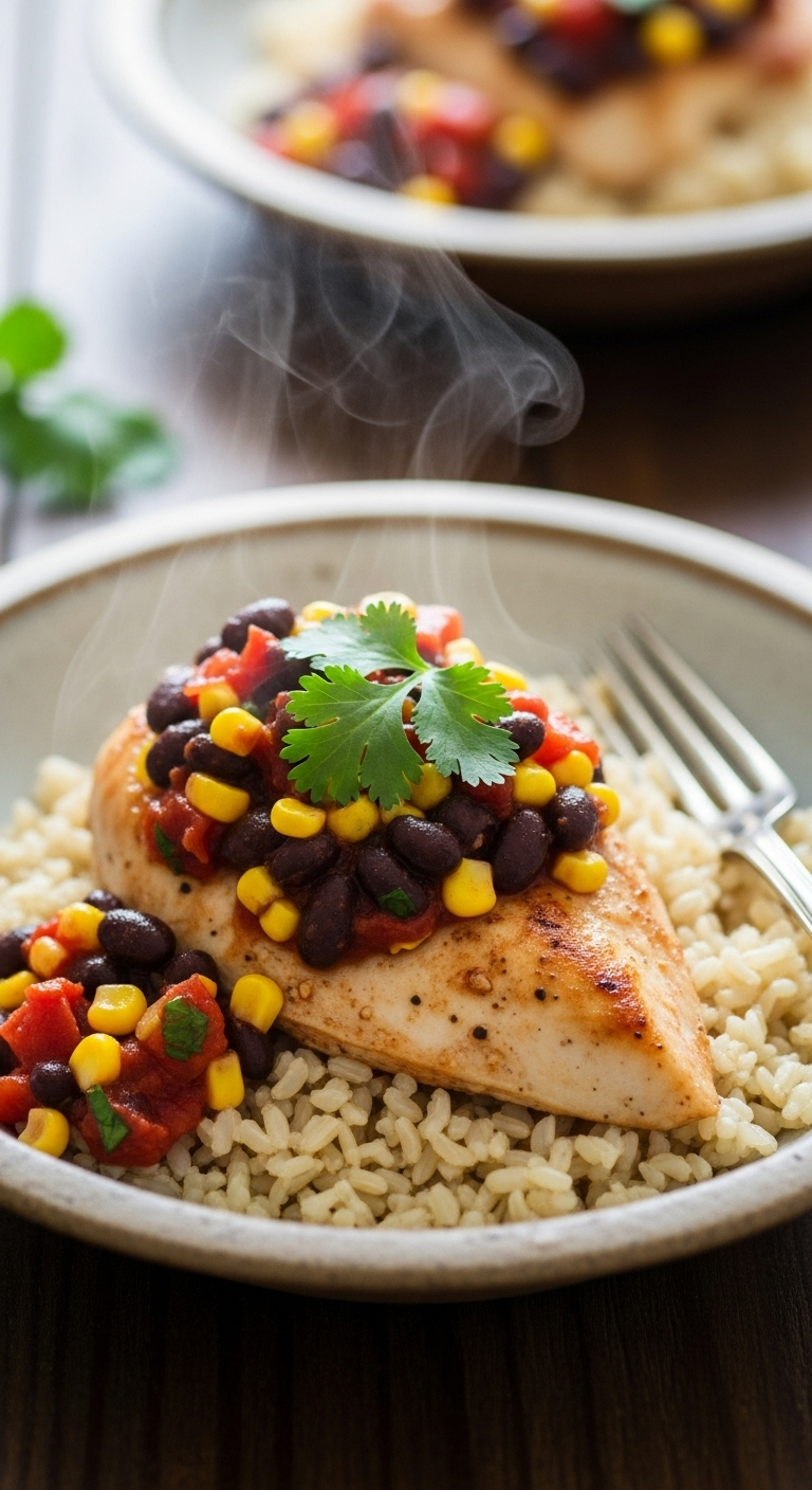 Black Bean & Corn Salsa Chicken served over brown rice with fresh cilantro, steam rising from the dish, captured in warm, cozy lighting.