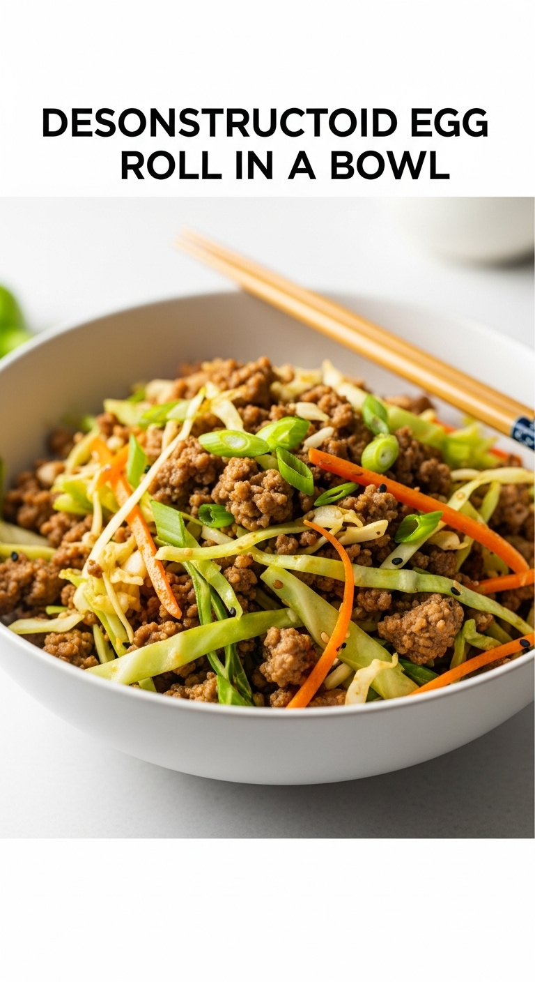 Deconstructed Egg Roll in a Bowl with ground pork, cabbage, green onions, and carrots, served with chopsticks on the side, captured in bright, vibrant lighting.