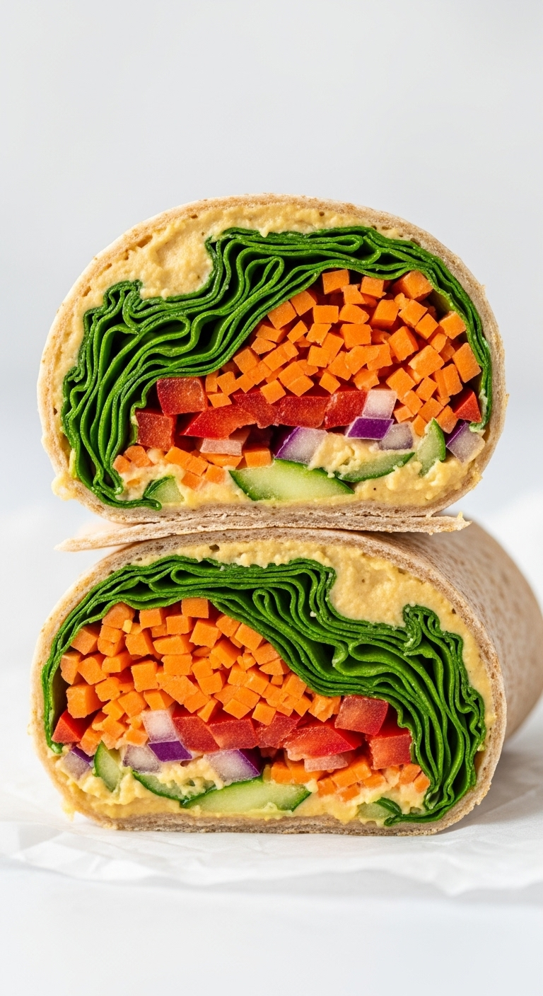 Hummus & Veggie Power Wrap with spinach, carrots, red pepper, and hummus, sliced in half and stacked on parchment paper, captured in bright, fresh lighting.