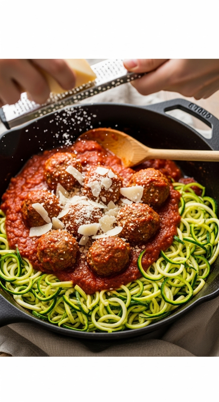 Turkey Meatball & Zucchini Noodle Skillet with marinara sauce and Parmesan, captured with warm, cozy lighting and a wooden spoon resting in the skillet.