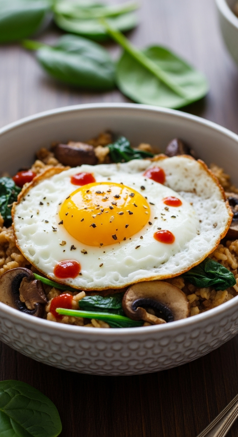 Savory Oatmeal with a fried egg, mushrooms, spinach, and chili sauce, served in a textured ceramic bowl on a rustic wooden table, captured in soft, warm morning light.