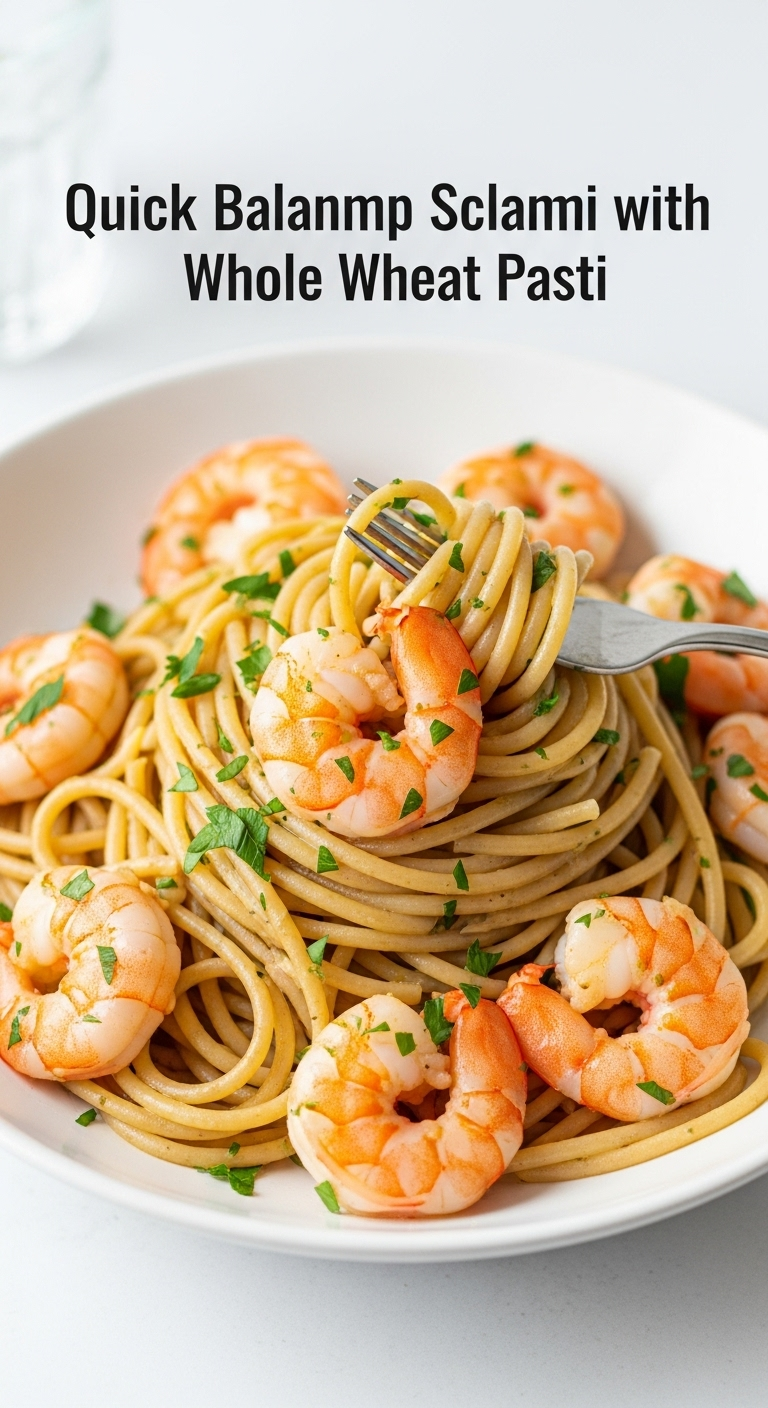 Quick Shrimp Scampi with whole wheat pasta, pink shrimp, and fresh parsley, plated in a shallow white bowl with a fork twisted in the pasta, captured in bright, clean lighting.