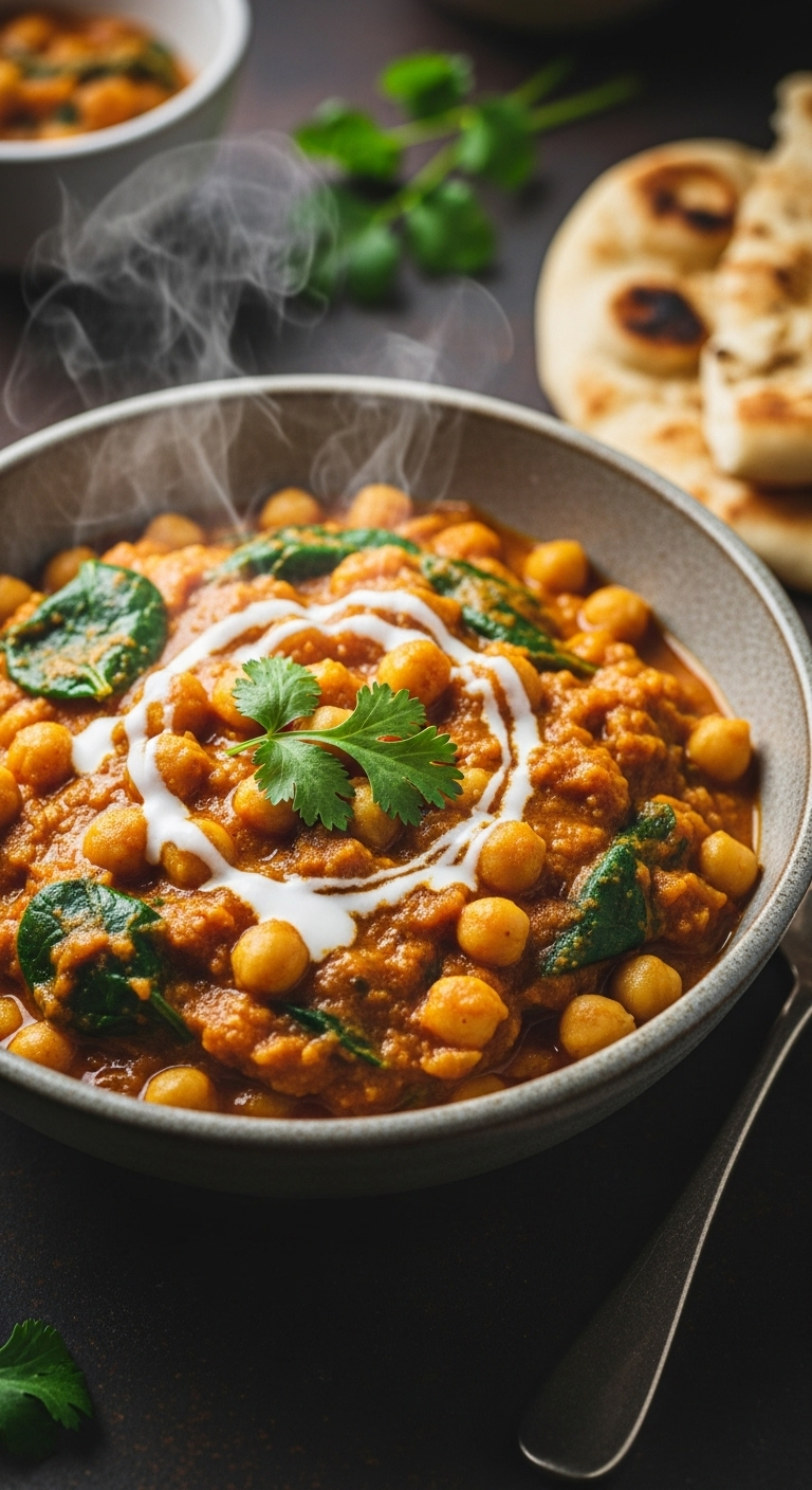 Curried Chickpea and Spinach Stew with coconut cream and fresh cilantro, served in a rustic bowl with steam rising, captured in warm, earthy lighting.