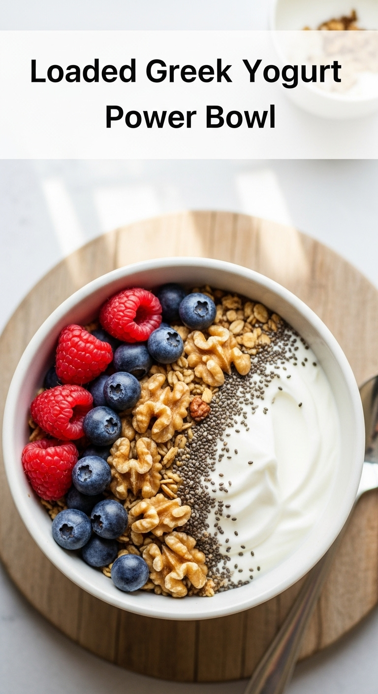 Loaded Greek Yogurt Power Bowl with berries, walnuts, chia seeds, and granola, captured in natural morning light with a rustic wooden background.