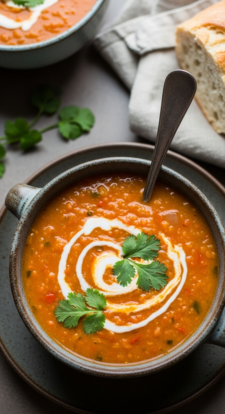 "Overhead shot of a steaming bowl of red lentil coconut soup with a creamy coconut milk swirl