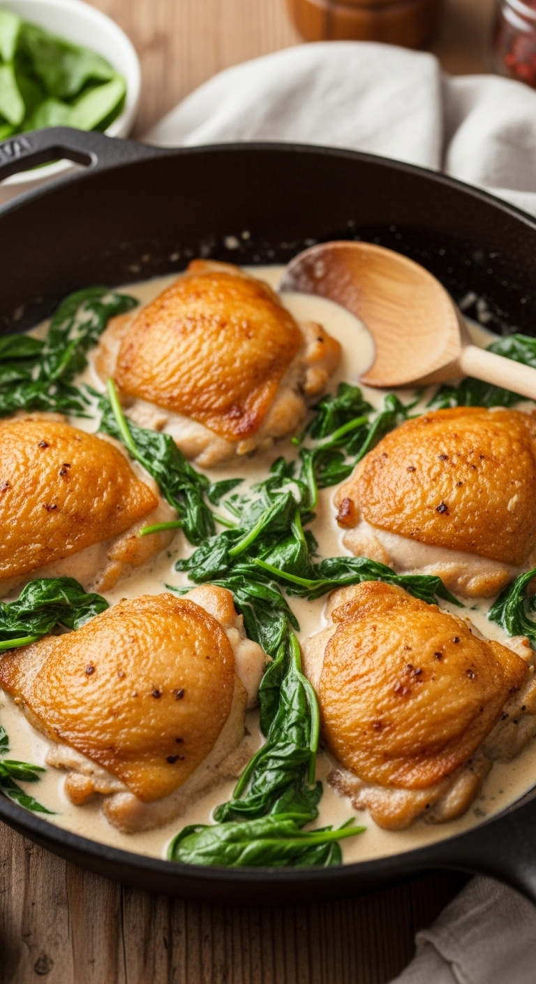 Cast-iron skillet with golden seared garlic Dijon chicken thighs in creamy sauce and wilted spinach, captured in warm rustic lighting with a wooden spoon for a cozy Mediterranean dinner recipe.