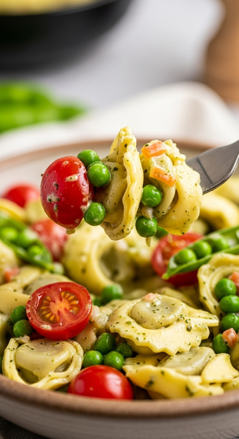 Close-up of fork lifting creamy pesto tortellini with cherry tomatoes and green peas from a rustic bowl, captured in warm inviting light for a comforting Mediterranean dinner recipe.