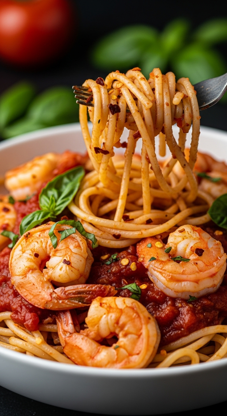 Close-up of shrimp fra diavolo with spaghetti twirled on a fork, featuring rich tomato sauce, succulent shrimp, red pepper flakes, and fresh basil in a white bowl, captured in dramatic appetizing lighting for a Mediterranean dinner recipe.
