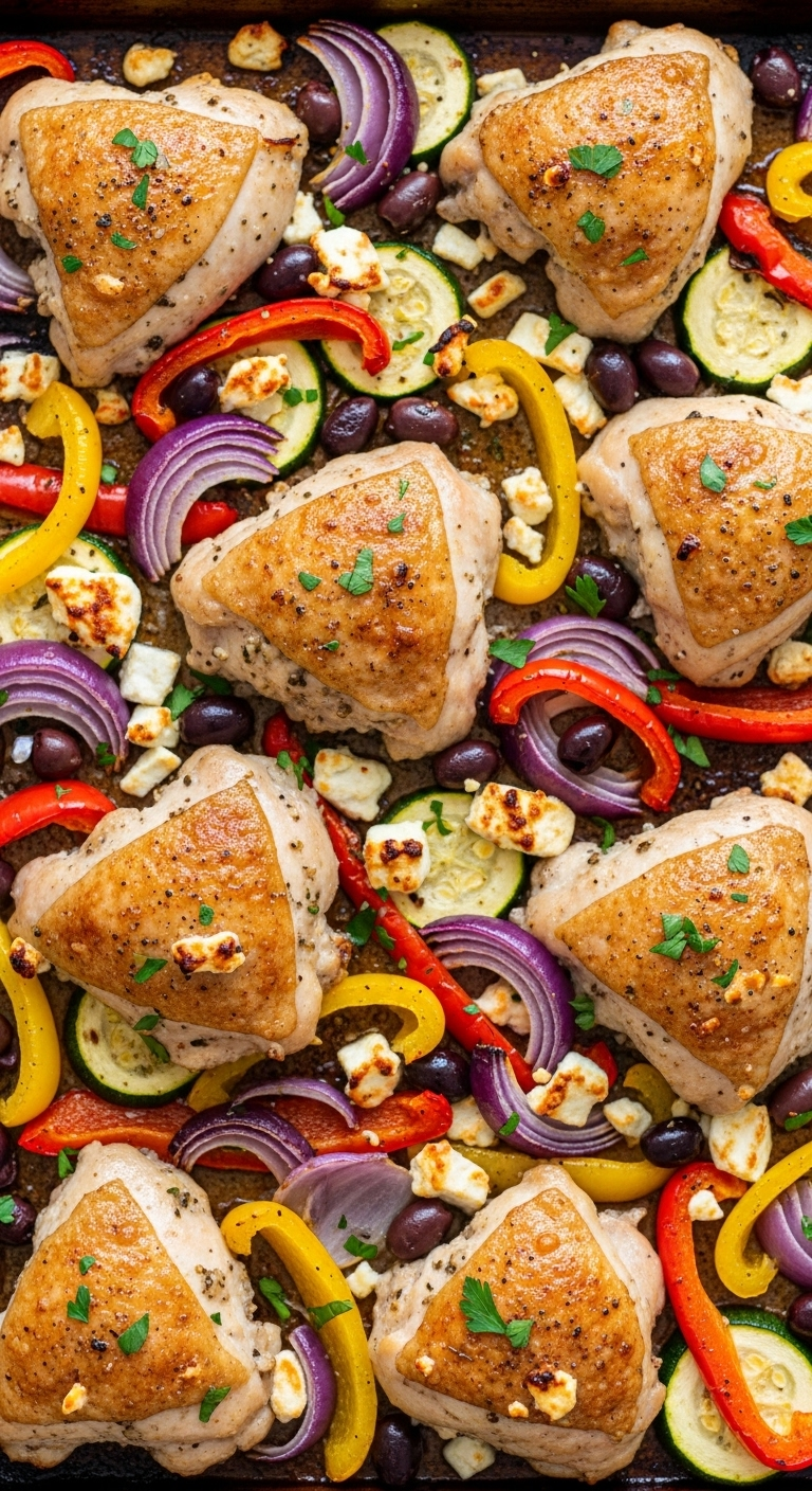 Overhead view of sheet-pan Greek chicken with crispy golden skin, colorful peppers, purple onion, zucchini, black olives, melted feta, and fresh parsley, captured in bright sunny light for a vibrant Mediterranean dinner recipe.
