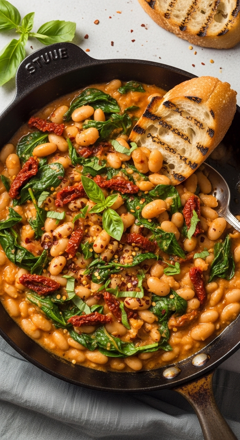 Overhead view of creamy white bean and spinach skillet with sun-dried tomatoes, crusty grilled bread dipped in, garnished with red pepper flakes and fresh basil, captured in warm comforting light for a Mediterranean dinner recipe.