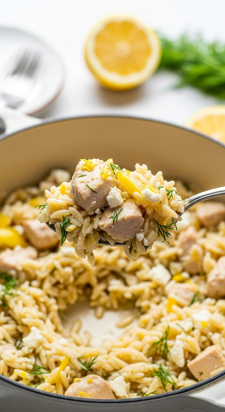 Spoon lifting creamy lemon feta orzo with chicken from a light Dutch oven, showcasing chunks of chicken, crumbled feta, and fresh dill, captured in bright natural light for a fresh Mediterranean dinner recipe.