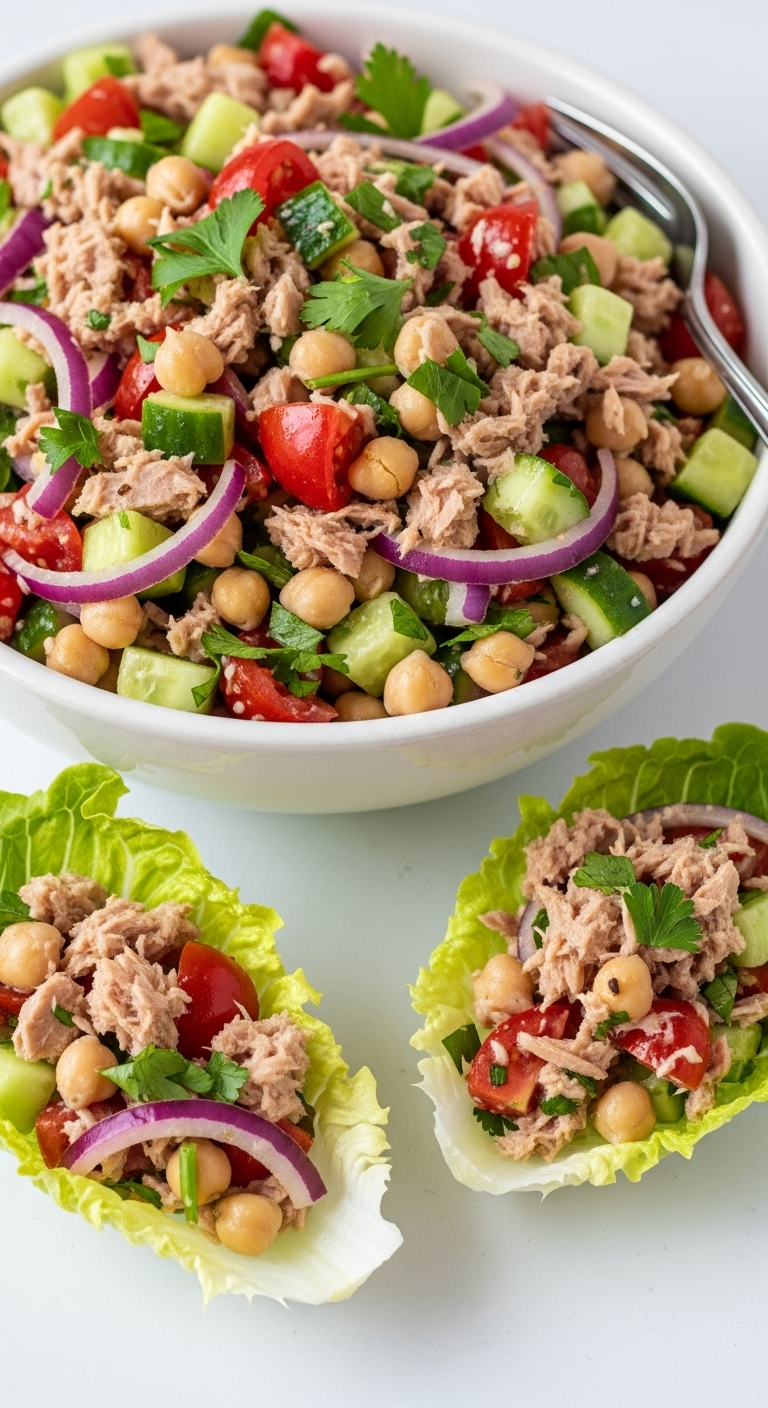 Mediterranean tuna and chickpea salad with tomatoes, cucumber, parsley, red onion, and lettuce cups in a ceramic bowl, captured in bright fresh light from a 45-degree angle for a vibrant Mediterranean dinner recipe.