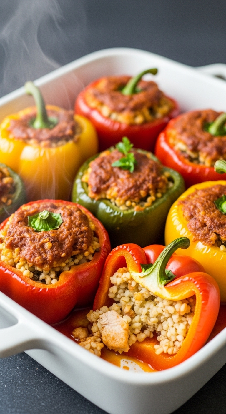 Close-up of colorful chicken stuffed bell peppers in a white baking dish with tomato sauce, showing a cut pepper revealing the filling, captured in warm homey light with steam rising for a comforting Mediterranean dinner recipe.