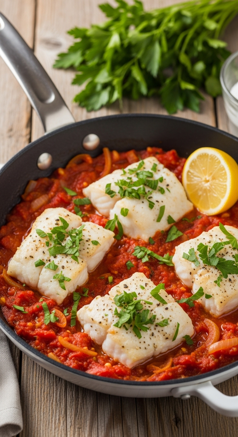 Rustic baked Greek fish fillets in chunky tomato sauce with onions and fresh parsley in an oven-safe skillet on a wooden table, topped with lemon juice, captured in sunny authentic Mediterranean lighting.