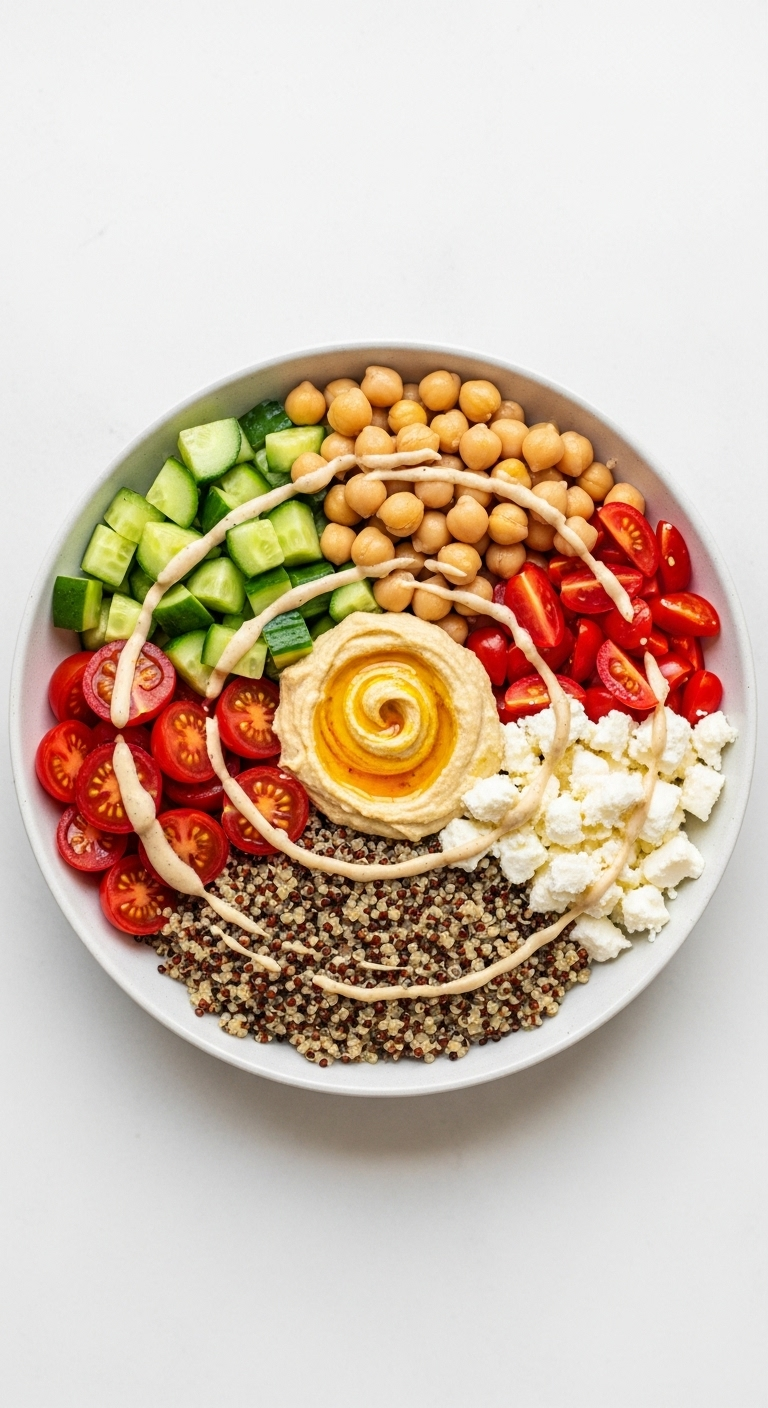 Top-down view of Mediterranean chickpea quinoa bowl with quinoa base, cucumber, tomatoes, feta, hummus center swirl, and drizzled dressing, captured in bright natural overhead light for a healthy Mediterranean dinner recipe.