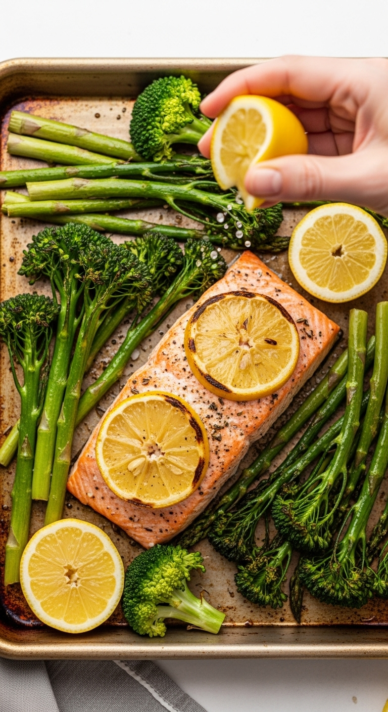 One-pan lemon garlic salmon with roasted broccoli and asparagus on a rustic baking sheet, topped with caramelized lemon slices and fresh lemon juice, captured in bright natural light for a Mediterranean dinner recipe.