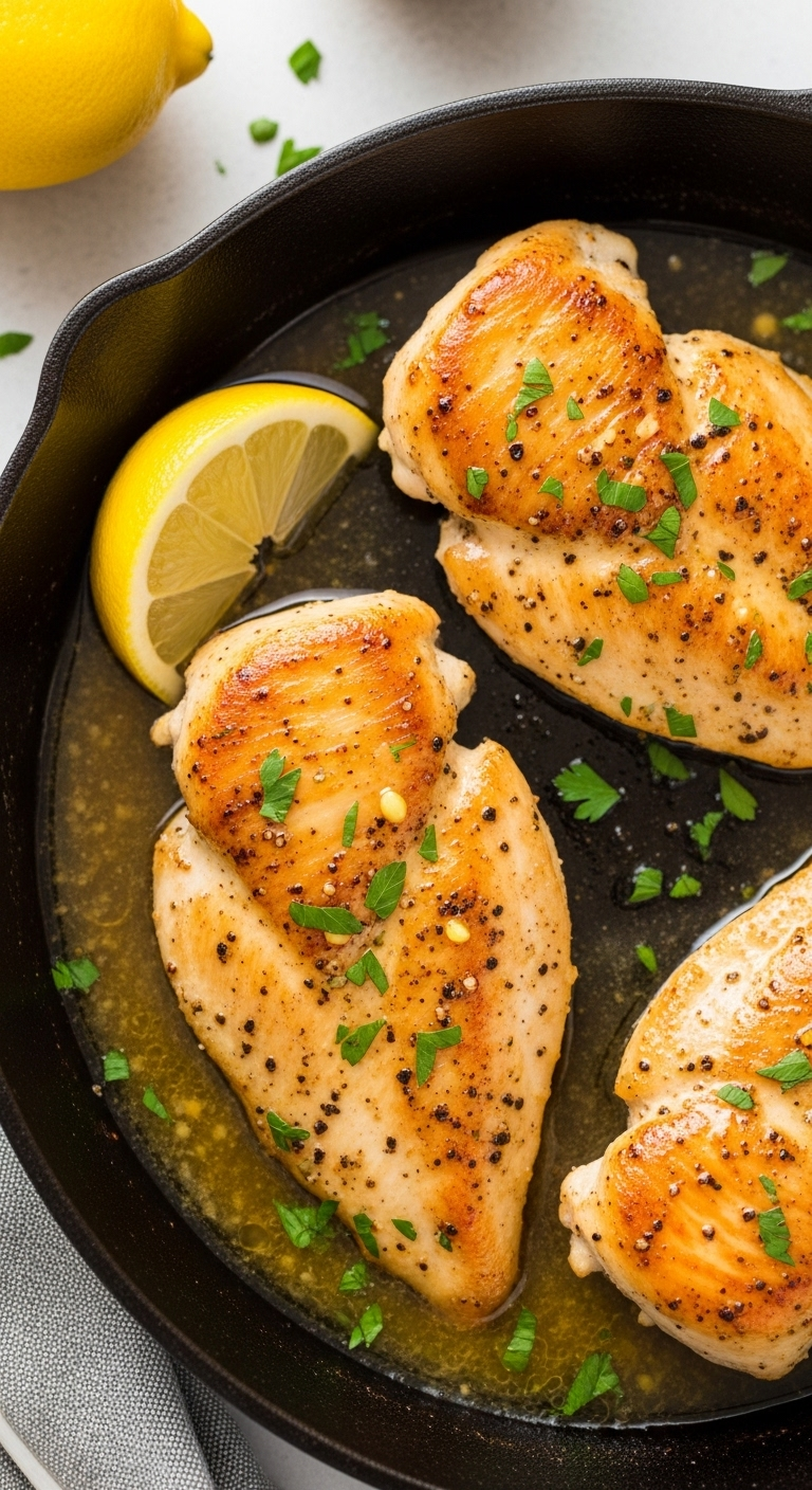 "Pan-seared lemon pepper chicken breast in a cast-iron skillet with buttery lemon sauce