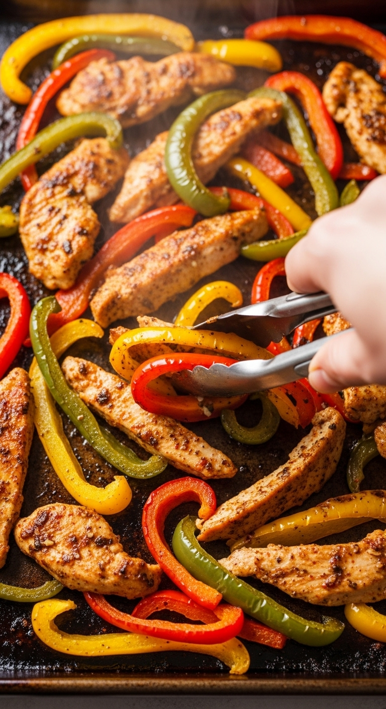 Photorealistic close-up of sizzling sheet pan chicken fajitas with charred bell peppers and juicy roasted chicken