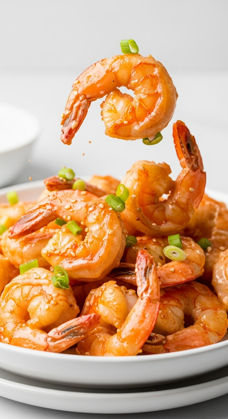 Photorealistic image of crispy Bang Bang shrimp being tossed in a white bowl
