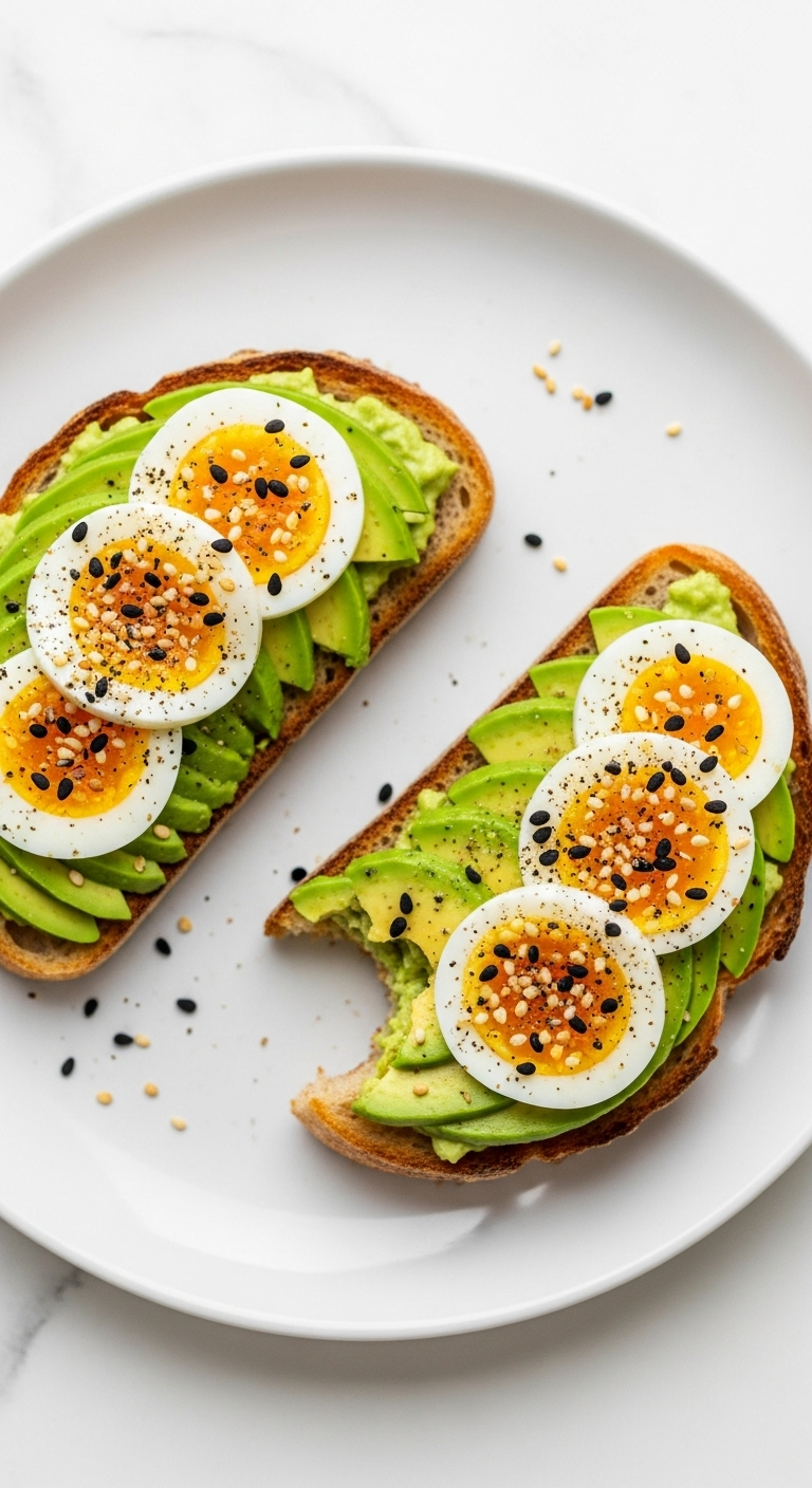 Avocado toast with sliced eggs and Everything Bagel Seasoning on rustic sourdough, with one slice perfectly arranged and the other with a bite taken out, captured in bright, fresh, natural light.
