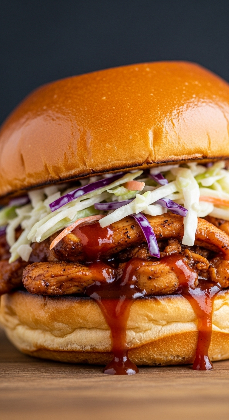 BBQ chicken sandwich with saucy shredded chicken, creamy coleslaw, and a toasted brioche bun, captured in warm, rustic lighting with BBQ sauce dripping down the side.