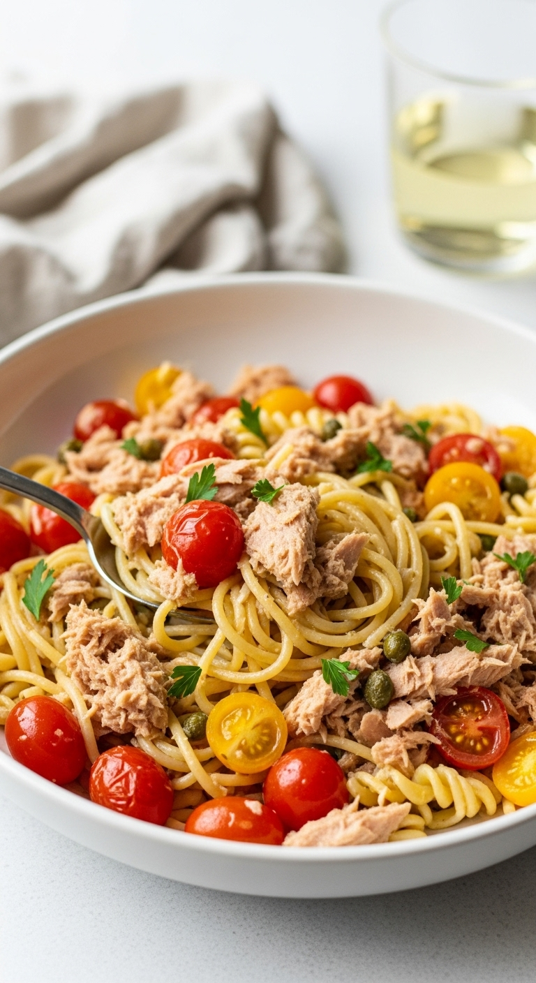 Lemony tuna pasta with cherry tomatoes, parsley, and capers, served in a large white bowl with a serving spoon lifting the creamy pasta, captured in bright, Mediterranean lighting with a glass of white wine in the background.